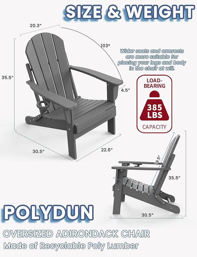 Adirondack Chair with Cup Holder Set of 2, Folding HDPE Patio Chairs, Outdoor Plastic Fire Pit Chair, Wood Texture, Lawn Chairs for Deck, Porch, Backyard, Garden, Slate Gray