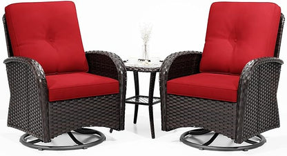 Joyside Outdoor Swivel Rocker Chairs, 3 Piece Wicker Patio Set with Thickened Cushions, High Back, Deep Seating, Wide Armrest, Outdoor Swivel Chairs for Porch, Deck
