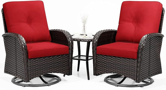 Joyside Outdoor Swivel Rocker Chairs, 3 Piece Wicker Patio Set with Thickened Cushions, High Back, Deep Seating, Wide Armrest, Outdoor Swivel Chairs for Porch, Deck