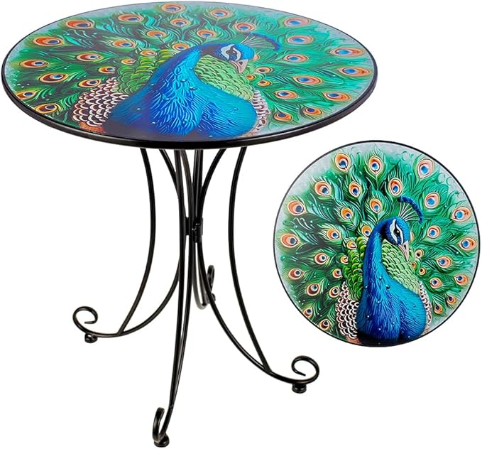 Outdoor Side Table, 18 Inch Metal Accent Table, Peacock Round End Tables - Photo 1
