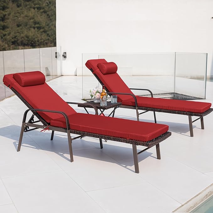 Kurapika Patio Chaise Lounge Set 3 Pieces Outdoor Lounge Chair, Rattan Reclining Chair Adjustable Backrest - Photo 6