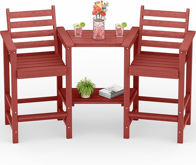 PLUUV Tall Adirondack Chairs Set of 2, All Weather HDPE Poly Bar Height Balcony Adirondack Chair with Removable Double Connecting Trays, Outdoor Adirondack Barstools for Deck, Patio, Yard, Pool, Lawn