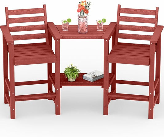 PLUUV Tall Adirondack Chairs Set of 2, All Weather HDPE Poly Bar Height Balcony Adirondack Chair with Removable Double Connecting Trays, Outdoor Adirondack Barstools for Deck, Patio, Yard, Pool, Lawn