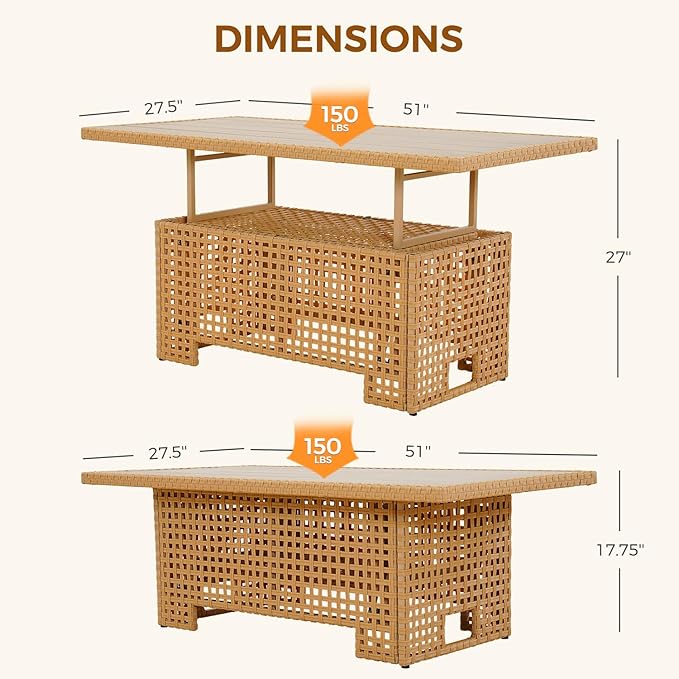 Grand patio Outdoor & Indoor Coffee Dining Table -Wicker Rattan, Adjustable Slat Lift Top, Picnic, Storage Shelf - Beige - Photo 6