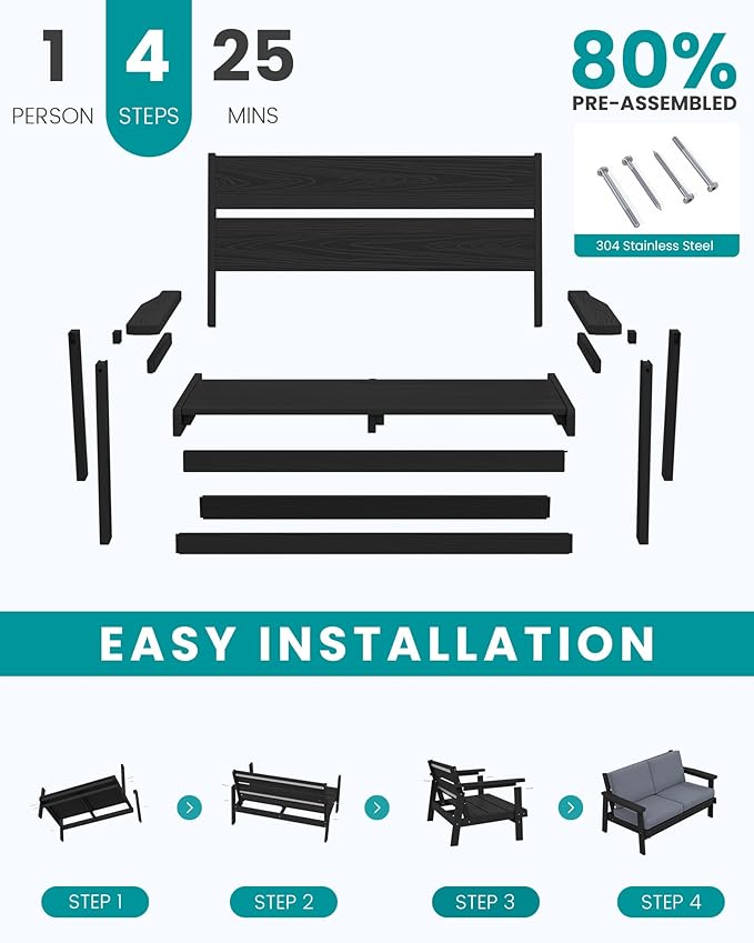 SERWALL HDPE Patio Furniture Set, 5 Piece All Weather Wood-Like Sectional Outdoor Furniture Set - Photo 7