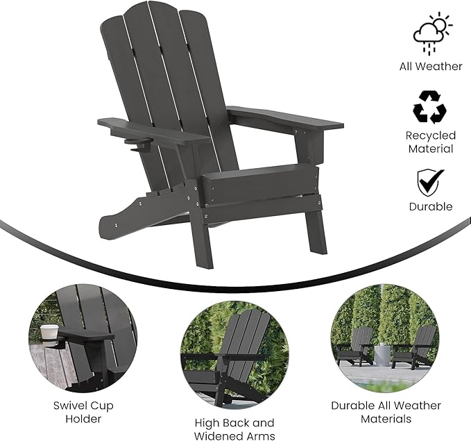 Flash Furniture Newport Adirondack Chairs with Cup Holders, Weather Resistant Poly Resin Adirondack Chairs, Set of 2 - Photo 5