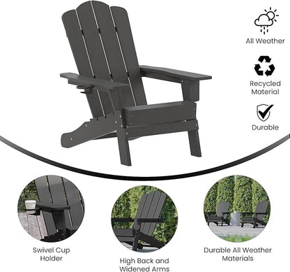 Flash Furniture Newport Adirondack Chairs with Cup Holders, Weather Resistant Poly Resin Adirondack Chairs, Set of 2, Gray