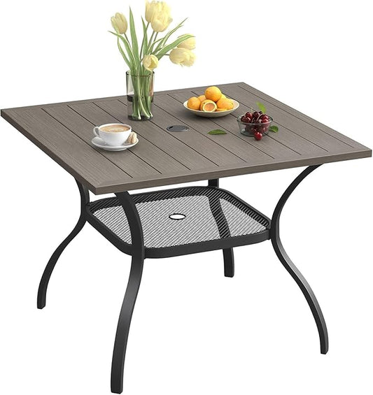 VICLLAX Outdoor Patio Dining Table for 4, Square Metal Table with Umbrella Hole and Storage Shelf for Garden, Lawn, Balcony, Deck, Grey