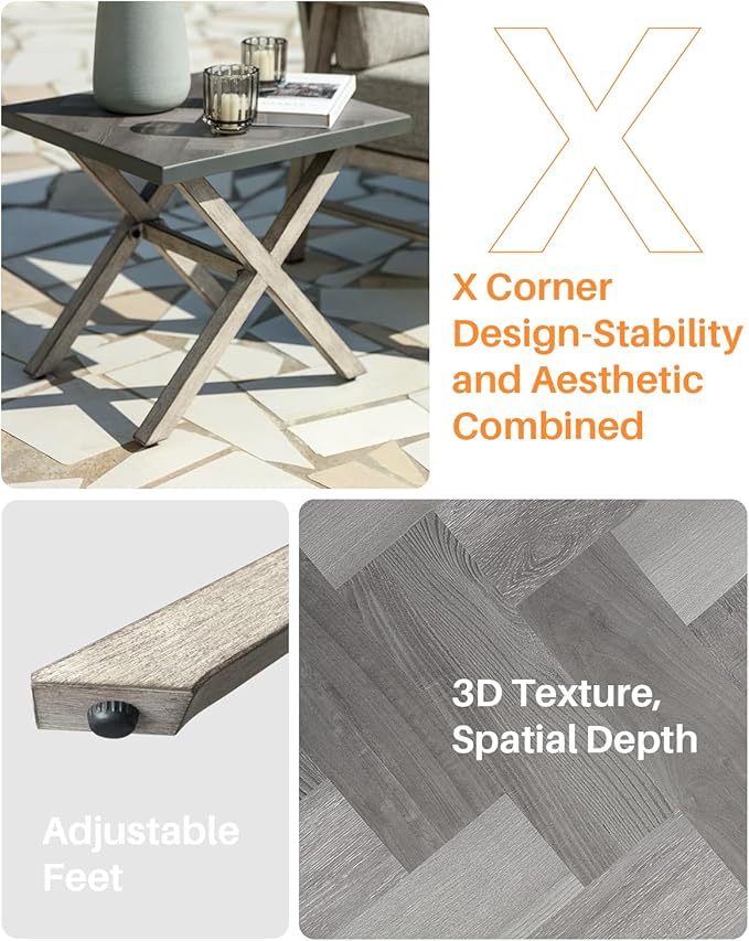 Aluminum Outdoor Side Table, Anti-Rust Outside Patio Side Table with Resin Tabletop, Modern Weather Resistant Square Patio End Table for Yard, Garden, Poolside, White Oak