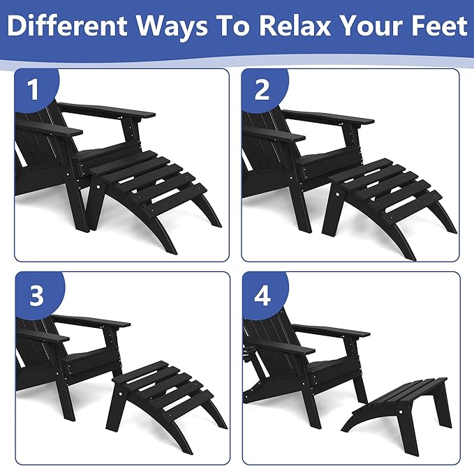 FOOWIN Folding Adirondack Ottoman, HDPE All Weather Adirondack Footrests, Ottoman for Adirondack Chair,Patio Footstool for Outside Easy Storage,for Patio, Backyard, Porch, Garden, Black
