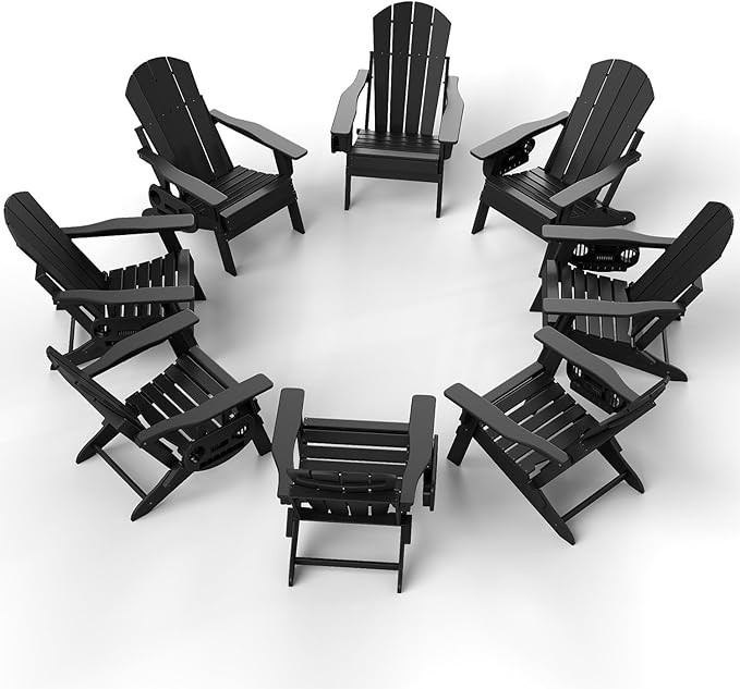 Adjustable Adirondack Chair Set of 8 with Cup Holder, All Weather HDPE Fire Pit Chairs for Deck, Backyard, Patio, Black