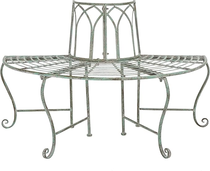 SAFAVIEH Outdoor Furniture Collection – Abia Antique Dark Green Distressed Wrought Iron 50-Inch Curved Tree Bench - Photo 1