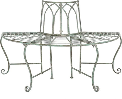 SAFAVIEH Outdoor Furniture Collection – Abia Antique Dark Green Distressed Wrought Iron 50-Inch Curved Tree Bench, Garden & Patio Seating (PAT5018D)