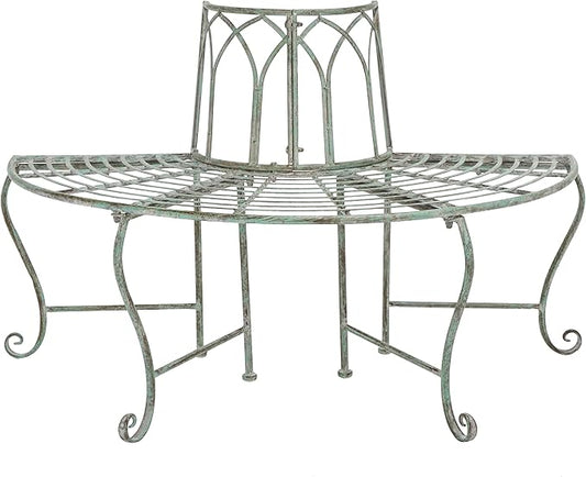 SAFAVIEH Outdoor Furniture Collection – Abia Antique Dark Green Distressed Wrought Iron 50-Inch Curved Tree Bench, Garden & Patio Seating (PAT5018D)
