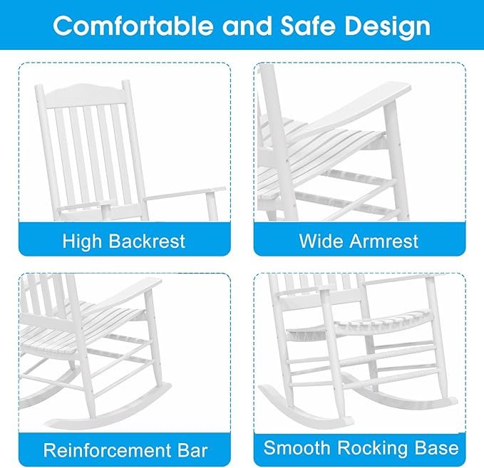 Wooden Rocking Chair Outdoor with 350lbs Weight Capacity All Weather Porch Rockers for Garden, Lawn, Porch, Backyard (1, White