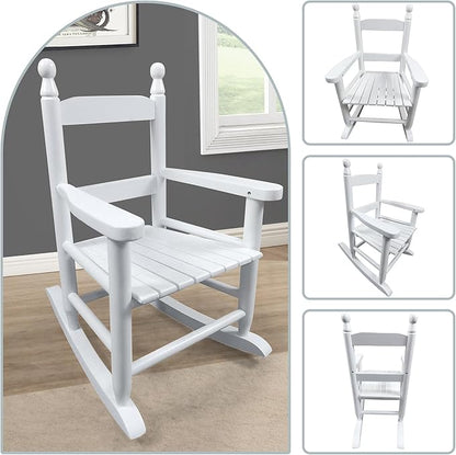 Toddler Rocking Chair for Kids Age 2-5, Hardwood Porch Rocker with Back Support & Armrest for Small Spaces Living Room Outdoor Garden, Easy Assembly (White)