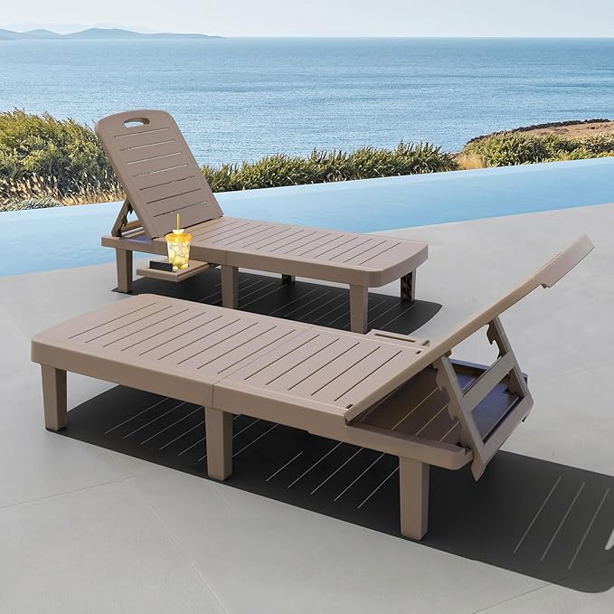 CDCASA Outdoor Chaise Lounge Set of 2, Pool Lounge Chairs w/5 Adjustable Positions & Side Tray, Waterproof Resin Lounges for Poolside,Yard,Garden,Sunbathing, for All Weather, Taupe