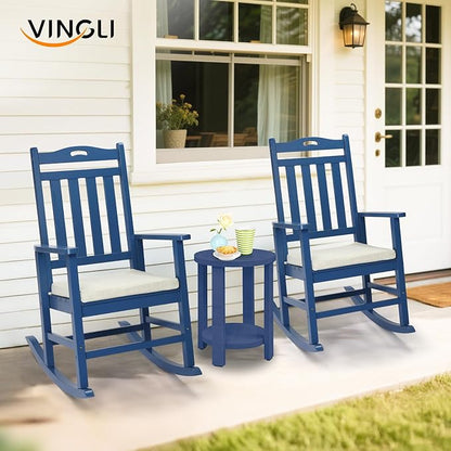 VINGLI Outdoor Rocking Chair, Heavy Duty 450 lbs Poplar Wooden Rocking Chair with High Backrest Design, Come with a Cushion, All-Weather Lounge Rocker Support for Garden, Deck (Navy Blue, 2 PCS)