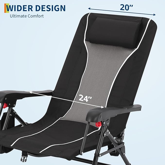 Folding Chaise Lounge Chair for Outdoor – Portable Backpack Reclining Camping Chair with Adjustable Backrest, Pillow & Breathable Fabric, Heavy-Duty 330lbs Capacity, Sun Lounger for Beach Patio Garden