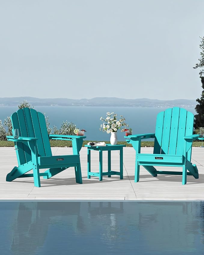 Folding Adirondack Chair, HDPE Adirondack Chair with 2 Cup Holders, Pre-Assembled Outdoor Fire Pit Chairs for Patio - Photo 2