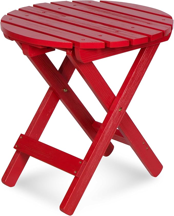 Shine Company Round Wooden Folding Solid Wood Side Table, Outdoor Adirondack Small Patio Table, Chili Red