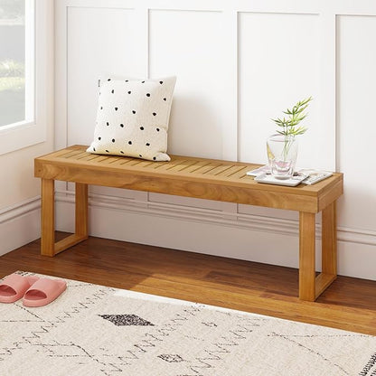 HAPPYGRILL Outdoor Acacia Wood Bench for 3-Person Patio Backless Farmhouse Bench with Slatted Seat, 800 LBS Heavy Duty Dining Bench for Entryway Porch Dining Room (2)