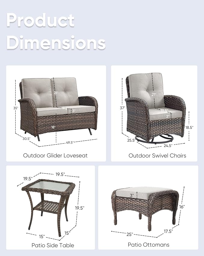 6 Pieces Patio Wicker Furniture Set-Outdoor Swivel Chairs Set of 2 Outdoor Glider Love seat with Outdoor Footstool Patio Furniture for Deck Porch Garden Balcony Poolside-Brown/Beige