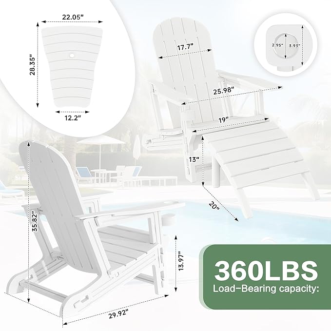JY QAQA Outdoor Adirondack Chair Set of 2 with Detachable Table & Ottoman, All-Weather HDPE Patio Furniture with Wood Texture & Cup Holder for Patio, Poolside, Garden, White