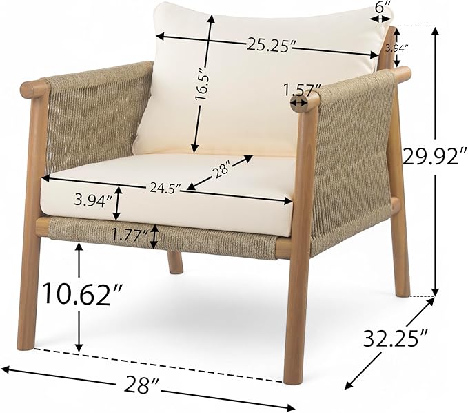 Christopher Knight Home Posey Modern Patio Wooden Club Chair with Rope Woven Armrest&Backrest, Outdoor Lounge Chair with Weather-Resistant Removable Cushions, Deep Seating Accent Chair, Teak+Beige