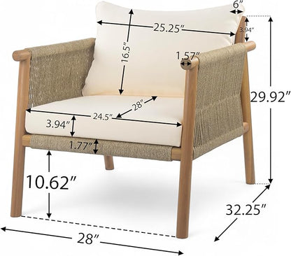 Christopher Knight Home Posey Modern Patio Wooden Club Chair with Rope Woven Armrest&Backrest, Outdoor Lounge Chair with Weather-Resistant Removable Cushions, Deep Seating Accent Chair, Teak+Beige