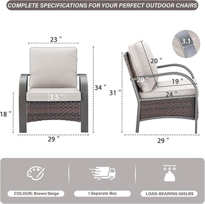 Belord Wicker Patio Chairs Set of 2-300LBS Weight Capacity Oversize Outdoor Patio Chairs with High Backrest Metal Curved Armrest, All Weather PE Rattan Outdoor Seating for Porch Deck Backyard