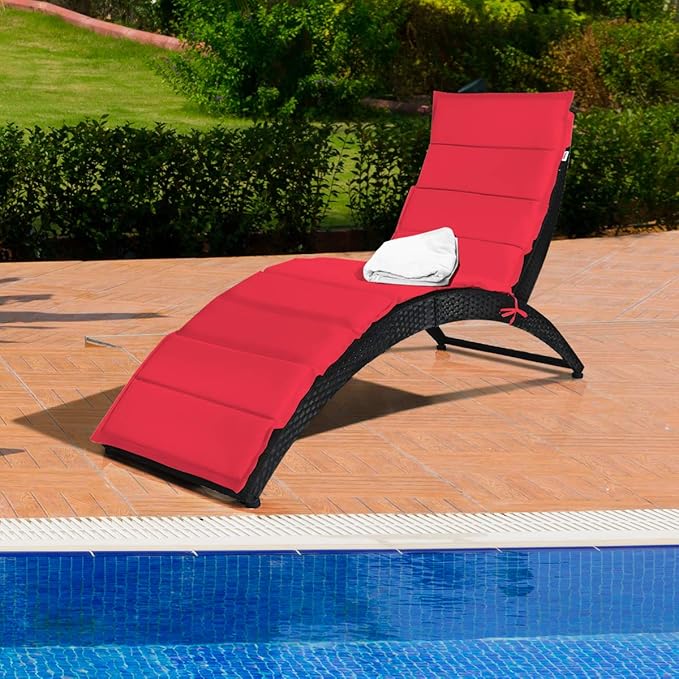 COSTWAY Folding Rattan Lounge Chair Outdoor, Patio Wicker Chaise Lounge with Soft Cushion - Photo 2