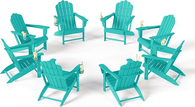 Costaelm Lakeview Outdoor Patio HDPE Adirondack Chairs with Cup Holders (Set of 8), Turquoise