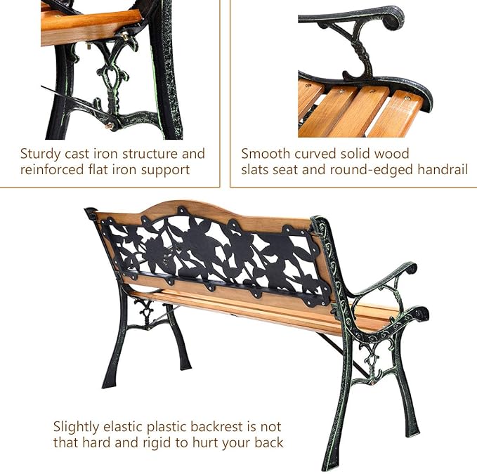 S AFSTAR Outdoor Garden Bench, Patio Bench with Large Rose Cast Backrest & Comfort Wood Seat, 470 LBS Load Capacity - Photo 4