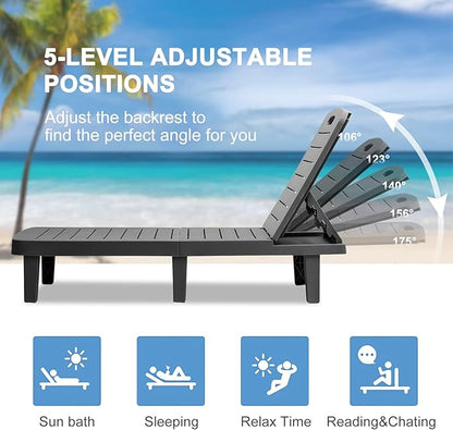 Chaise Lounge Outdoor, Waterproof Resin Lounge Chairs for Outside w/Adjustable 5 Positions All Weather Recliner Chair for Patio, Poolside, Beach, Yard, 1PCS, Black