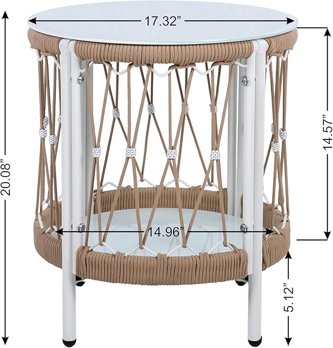 Christopher Knight Home Packy Bohemian Outdoor Side Table with Storage Shelf, Glass Top Small Patio Round Coffee Table, Sofa End Table for Patio Furniture Set with Metal Frame, White+Beige
