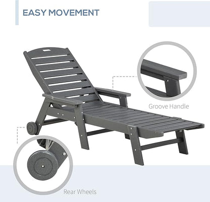 Outsunny Outdoor Chaise Lounge Chair, Waterproof Pool Furniture with Reclining Adjustable Backrest & Wheels for Beach, Tanning, Poolside, Patio, Light Gray