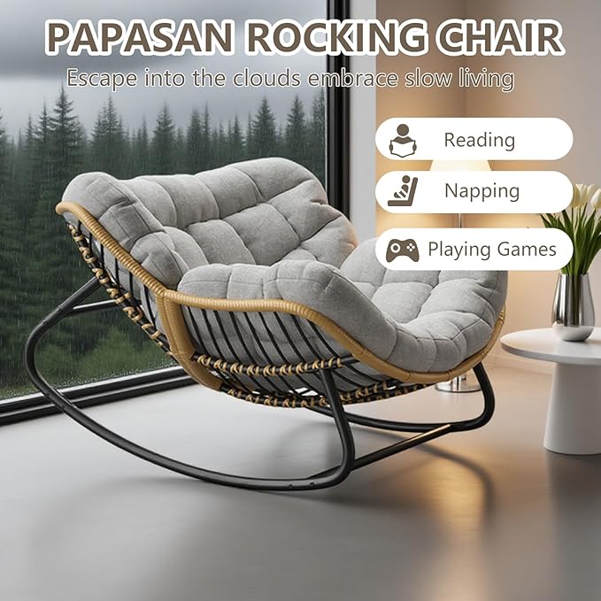 Oversized Rocking Chair, Outdoor/Indoor Patio Papasan Rocker with Thick Cushion - Photo 6