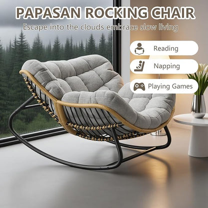 Oversized Papasan Rocking Chair with Cushion, Indoor/Outdoor Wicker Egg Lounge Rocker, Supports 300 lbs, Comfortable Patio Recliner for Bedroom, Living Room, Porch, Garden, Backyard-Grey