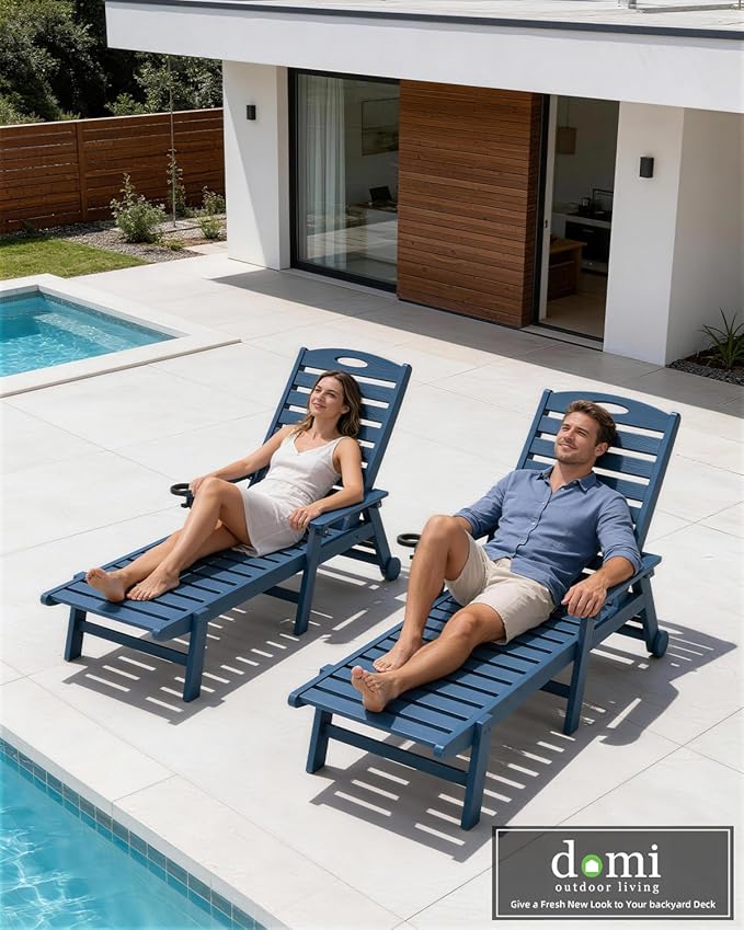 Domi Outdoor Lounge Chairs Set of 2, HDPE Pool Chaise Lounge Chairs for Poolside, Pool Loungers for Outside, Patio, Sunbathing Tanning, Blue