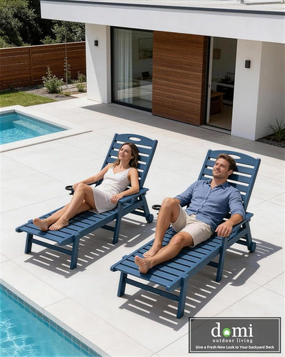 Domi Outdoor Lounge Chairs Set of 2, HDPE Pool Chaise Lounge Chairs for Poolside, Pool Loungers for Outside, Patio, Sunbathing Tanning, Blue
