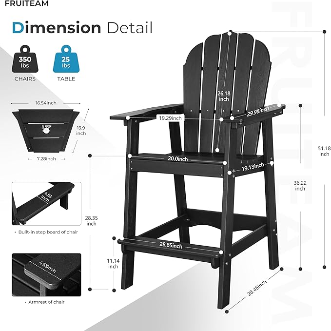 FRUITEAM Adirondack Chairs Set of 2, Recycled Poly Adirondack Chair Balcony Chair with Connecting Table, Weather-Resistant Outdoor Bar-Height Tall Adirondack Chairs for Patio, Pool, Yard, Lawn