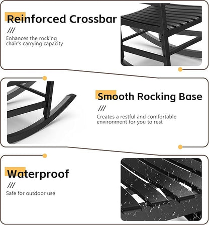 Patio Rocking Chair Outdoor Set of 2,Weather Resistant Poly Resin Oversized Porch Rocker,High Back Smooth Design,350lb Weight Capacity,Indoor Outdoor Use(2, Black)