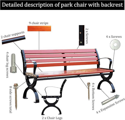 Outdoor Garden Benches, Metal Garden Bench, 2-3 Person Seat Loveseat Chairs Patio Bench Chair with Backrest,Solid Wood slatted seat and Galvanized Frame,300kg Weight Capacity(120x43x72cm)