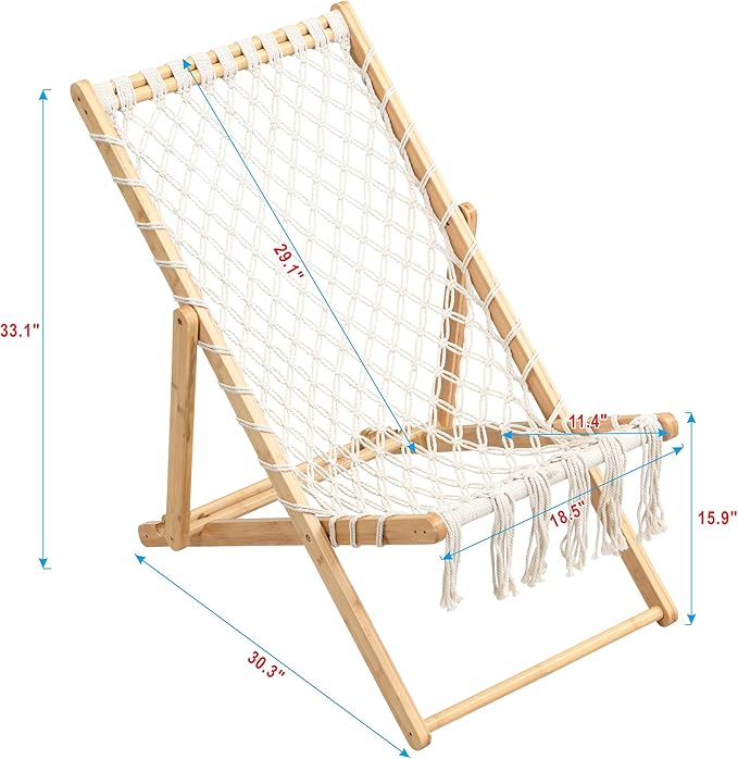 Set of 2 Boho Rope Folding Lounge Chairs – Adjustable Outdoor Macrame Patio Chairs with Bamboo Frame, Portable Deck Chairs for Garden, Porch, Beach, Poolside (Natural)