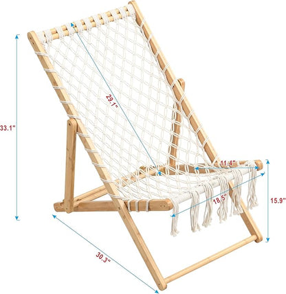 Set of 2 Boho Rope Folding Lounge Chairs – Adjustable Outdoor Macrame Patio Chairs with Bamboo Frame, Portable Deck Chairs for Garden, Porch, Beach, Poolside (Natural)