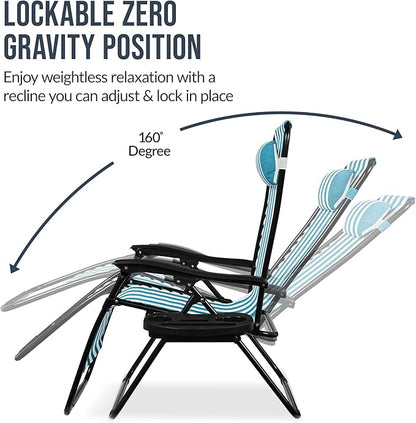 Best Choice Products Set of 2 Extra Wide Adjustable Steel Mesh Zero Gravity Lounge Chair Recliners w/Pillows and Cup Holder Trays - Peacock Blue Stripes