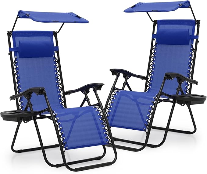 Athena Collection Patio Chairs Set of 2 Reclining Lounge Chair with Cup Holder and Pillow Fabric Camping Chairs with Canopy Foldable Beach Chairs for Garden, Park, Deck, Yard, Poolside, Blue