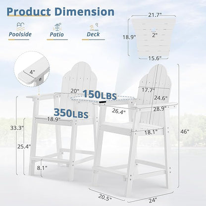 LUE BONA Tall Adirondack Chair Set of 2, All Weather HDPS Bar Height Adirondack Chair with Detachable Table & Umbrella Hole, Adirondack Barstools for Patio, Deck, Backyard & Commercial Use White
