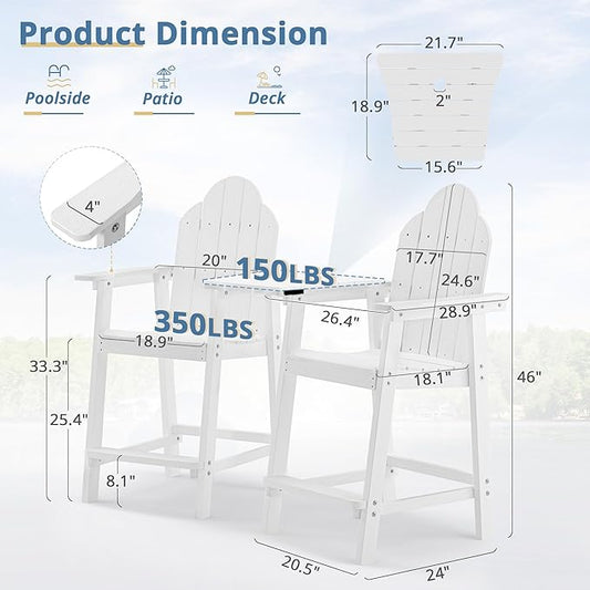 LUE BONA Tall Adirondack Chair Set of 2, All Weather HDPS Bar Height Adirondack Chair with Detachable Table & Umbrella Hole, Adirondack Barstools for Patio, Deck, Backyard & Commercial Use White